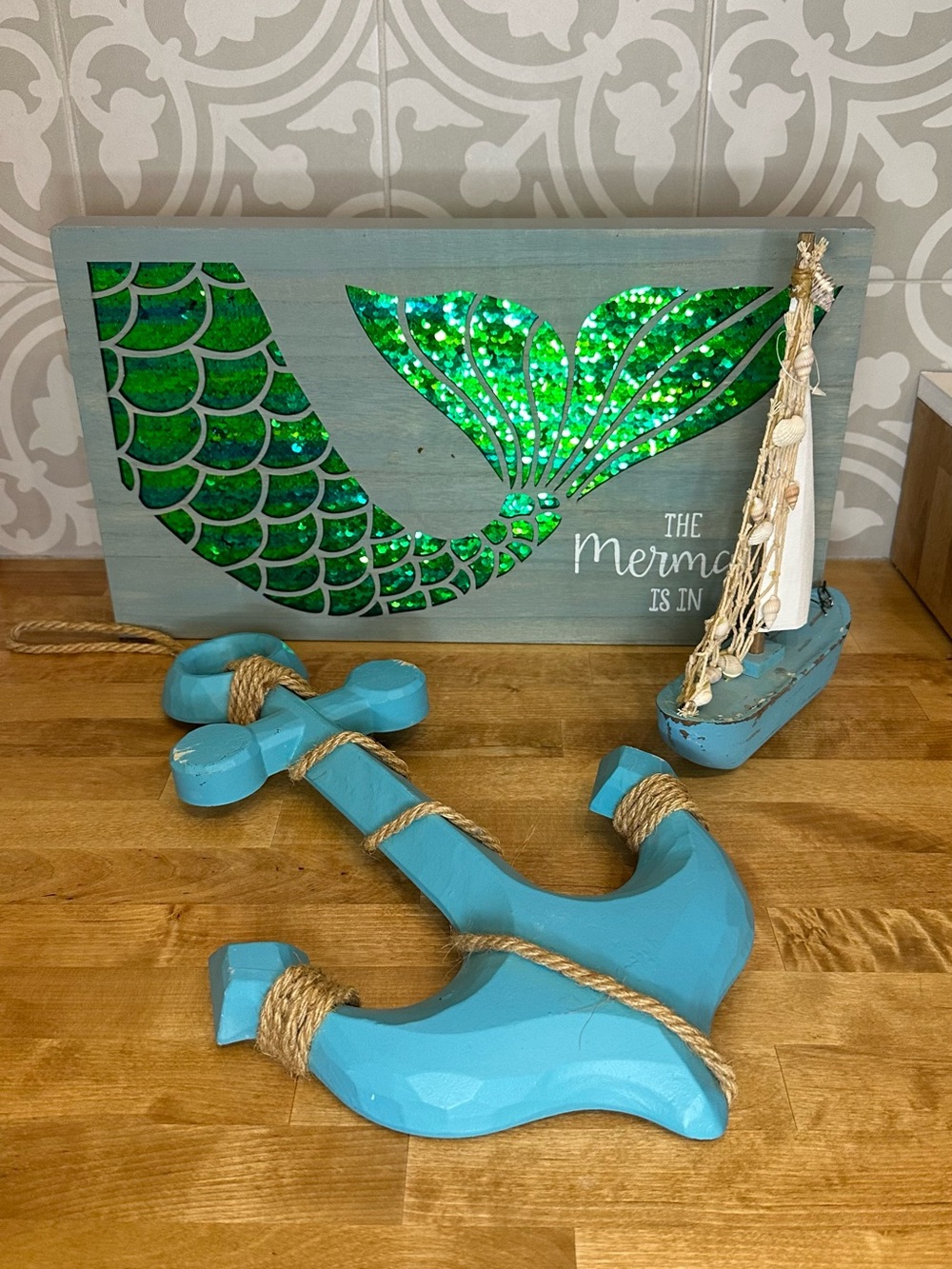 Mermaid Tail Wall Art with Turquoise Nautical Anchors